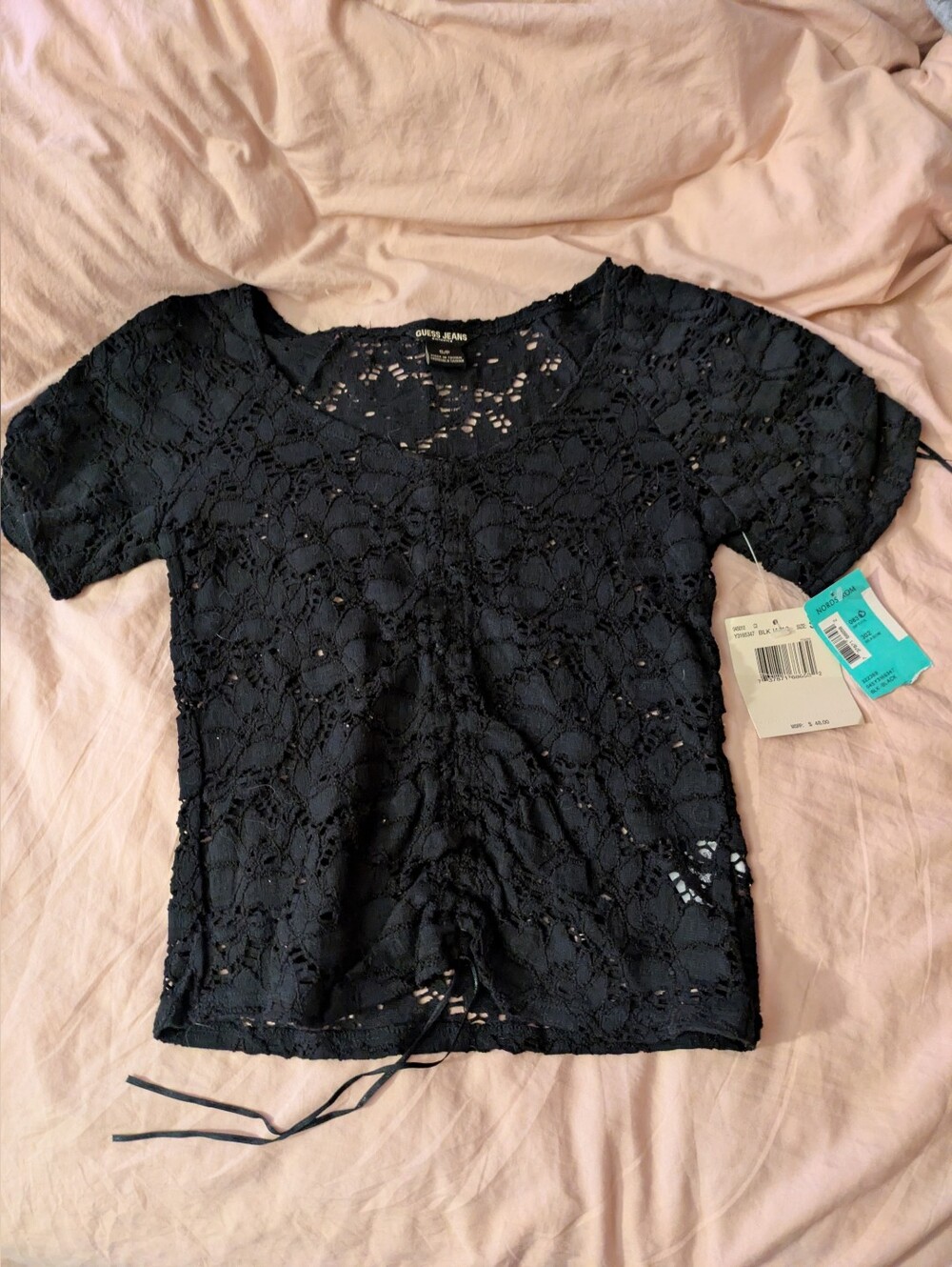 NWT Guess Jeans Black Lace Short Sleeve Crochet Top With Tie Details